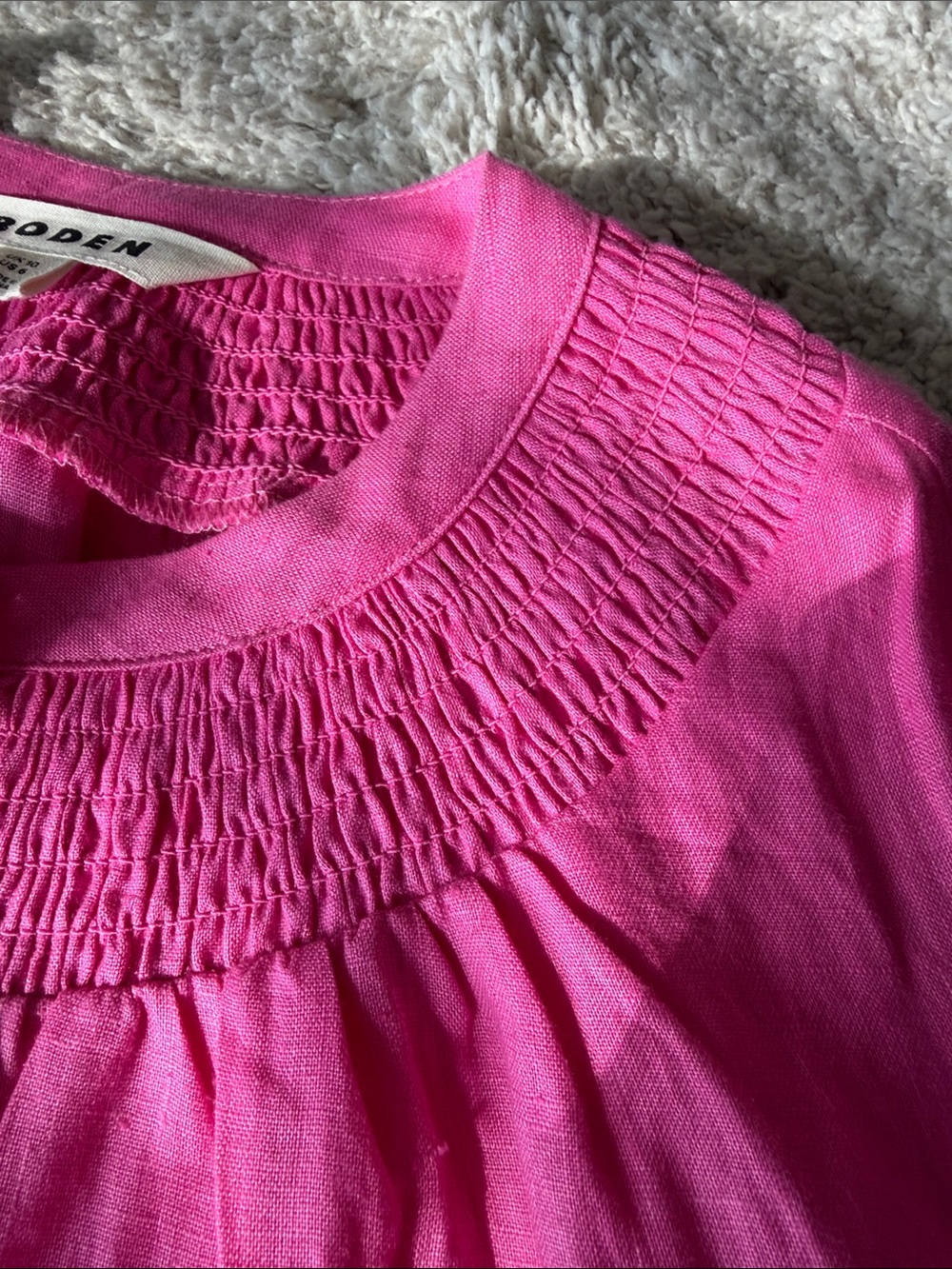 Boden Bright Pink Smocked Linen Button-Down Blouse - Picture 4 of 8